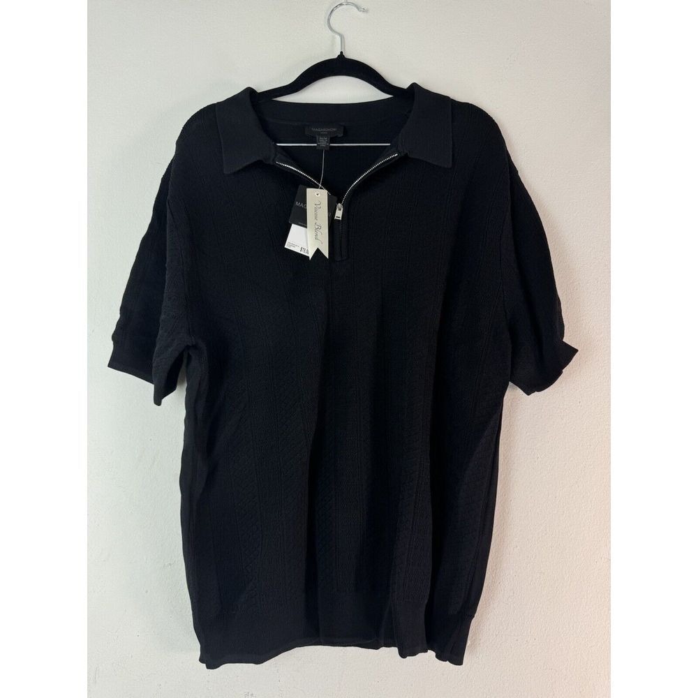 Magaschoni Man Quarter Zip Black Medium Short Sleeve Sweater Polo Top Shirt $78